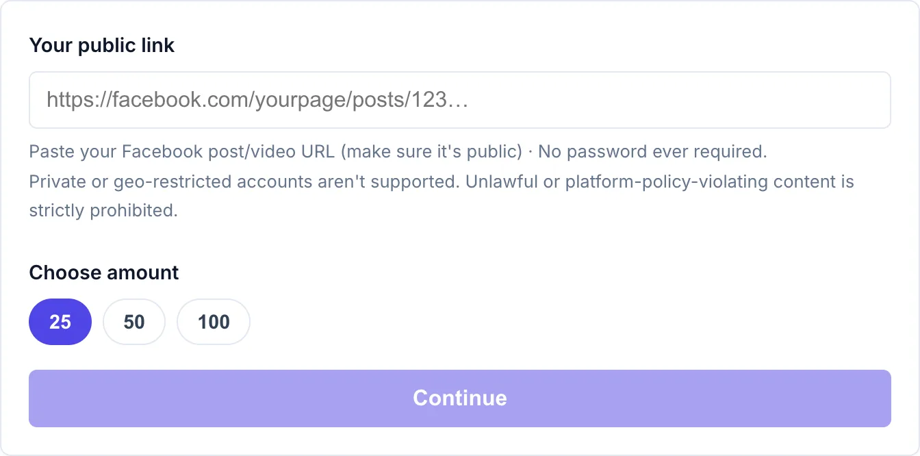 The free Facebook reactions form on PrimeLikes: a public link field, amount buttons for 50, 100, 150, and the Continue button. No password field.