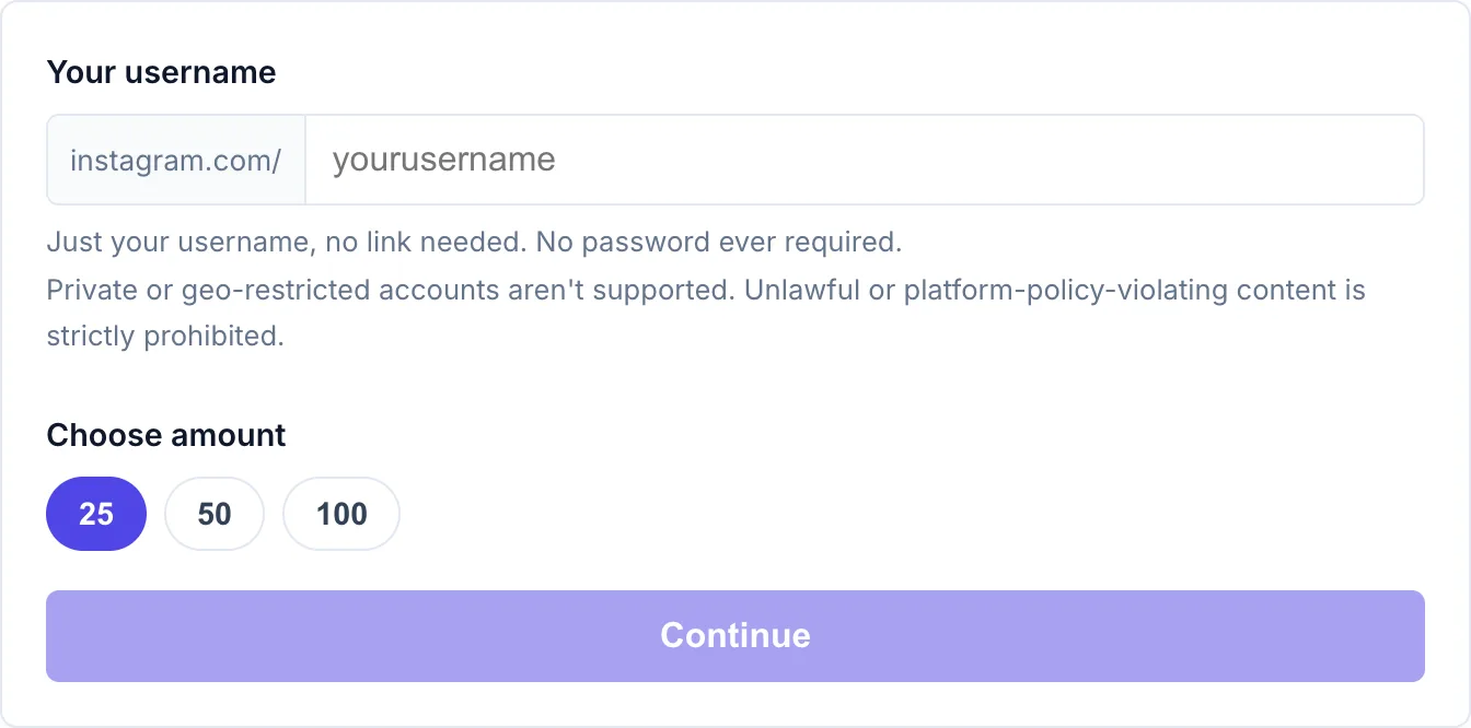 The free Instagram followers form on PrimeLikes: a username field, amount buttons for 50, 100, 150, and the Continue button. No password field.