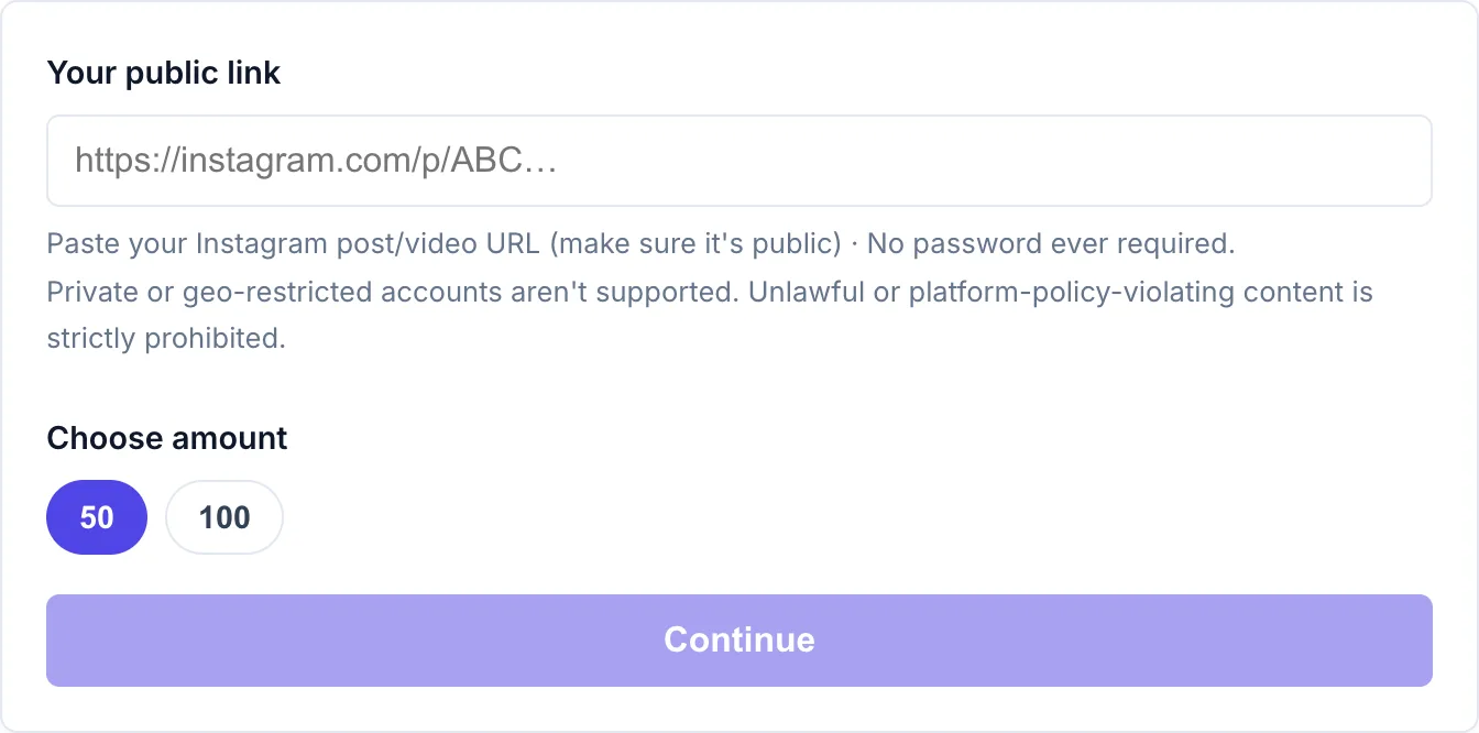 The free Instagram views form on PrimeLikes: a public link field, amount buttons for 50, 100, and the Continue button. No password field.