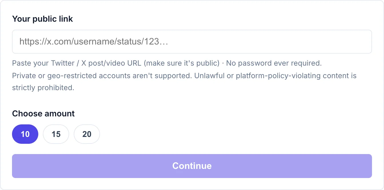 The free Twitter / X likes form on PrimeLikes: a public link field, amount buttons for 10, 15, 20, and the Continue button. No password field.